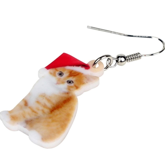 Yellow Tabby Marmalade Kitten Christmas Earrings Santa Hat Kittens Kitty Cat New - Picture 3 of 6